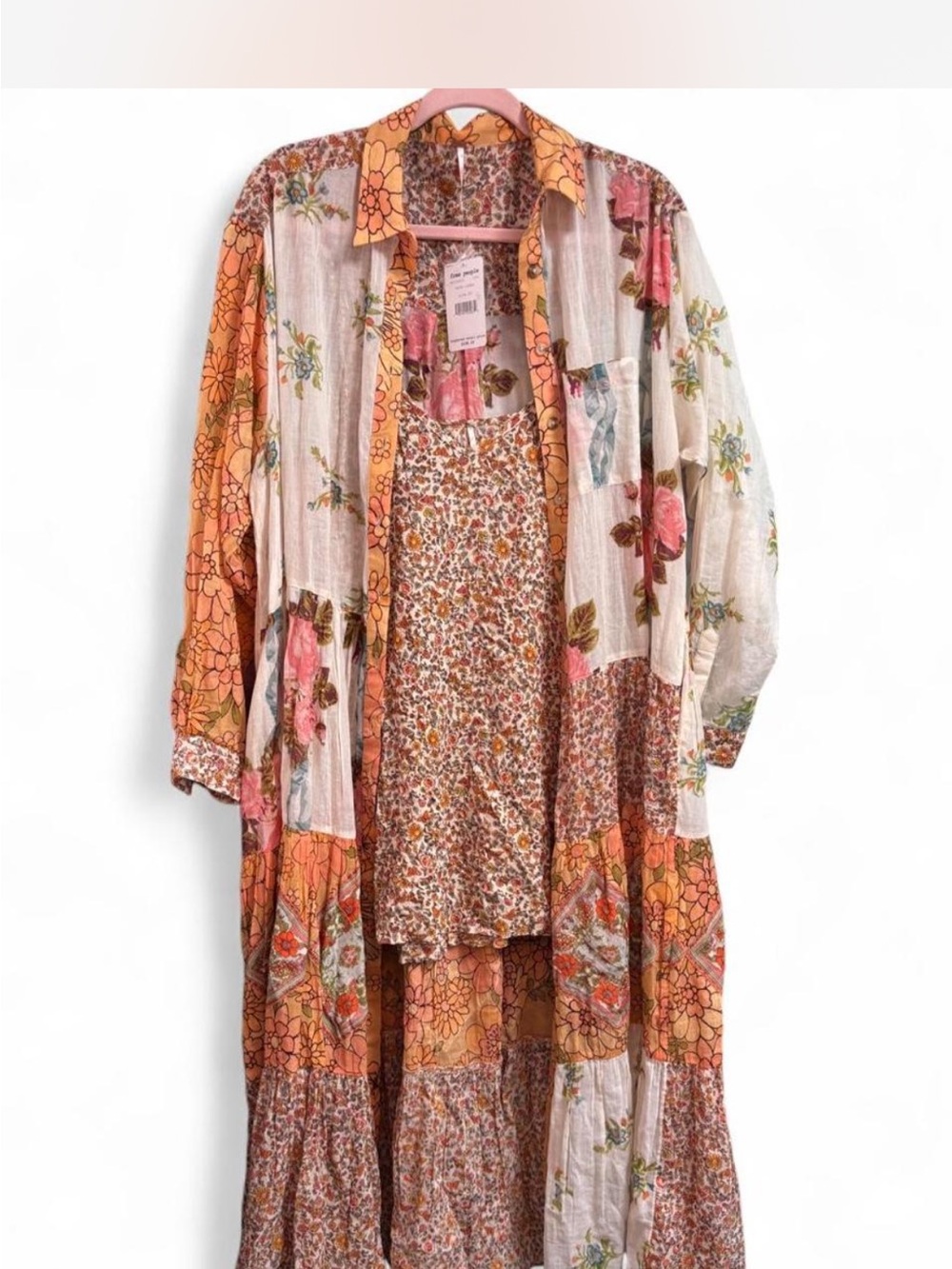 Bohemian Floral Patchwork Long Jacket Coat - Orange Pink
